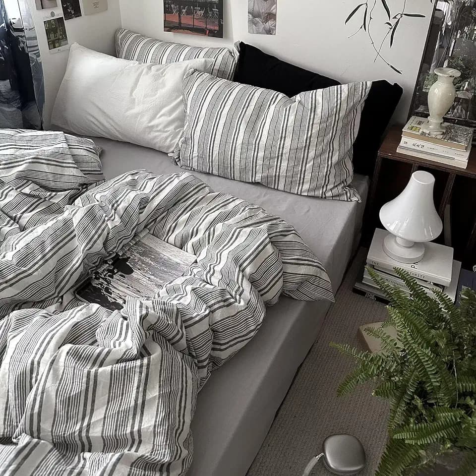 MKXI Queen Size Charcoal Grey & White Striped Duvet Cover Set - 3 Piece Modern Washed Cotton Bedding, Soft Breathable Comforter Cover with Zipper Closure & Corner Ties, Minimalist Geometric Design