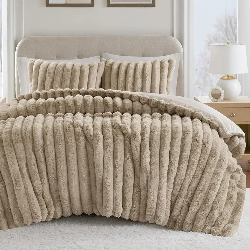 Madison Park Jasmine Luxurious Plush King Comforter Set, 3 Piece, Taupe