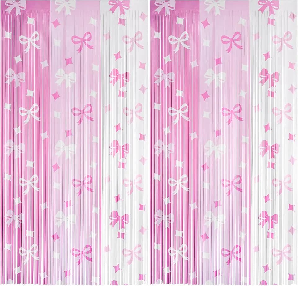 2 Pack Bow Fringe Curtains, 3.3x6.6ft Light Pink & White Backdrop, Girly Party Decorations, Photo Booth, Birthday, Baby Shower, Bridal, Bachelorette, Sweet Theme Decor, Door Wall Streamers