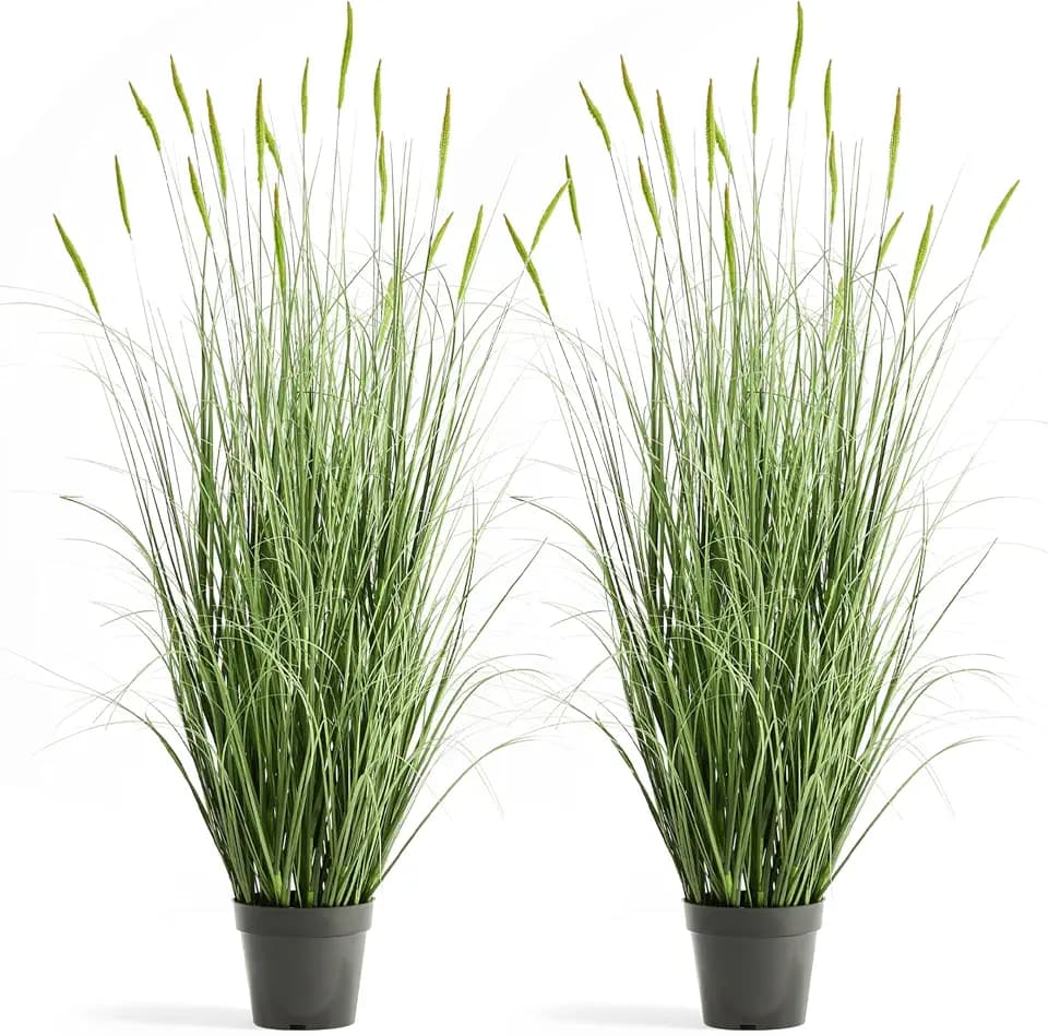 Faux 4ft 2-Pack Horsetail Reed Grass with Green Spikes in Black Pot