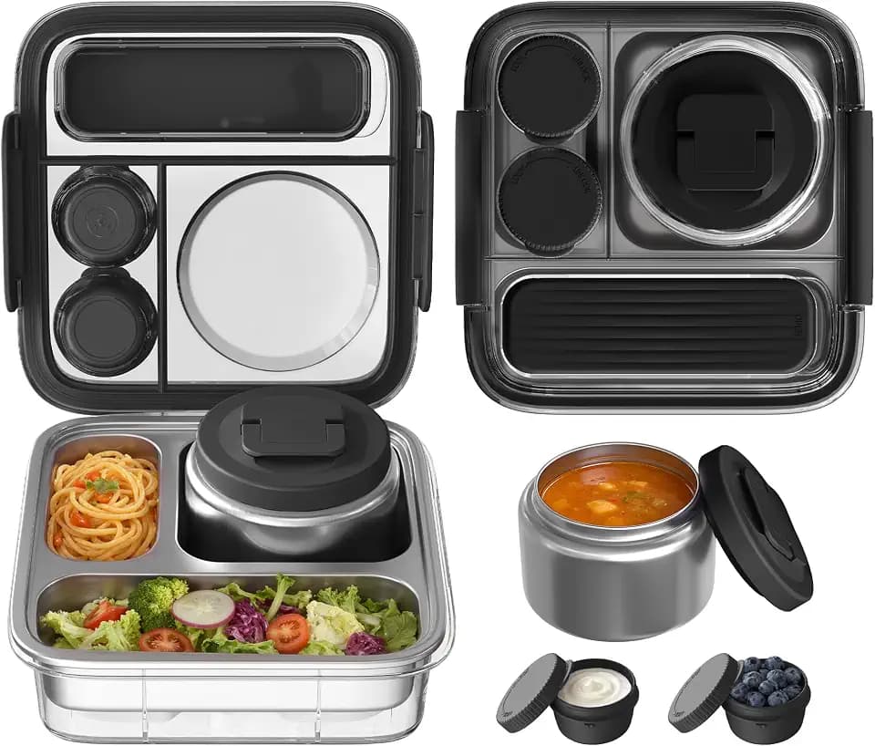 Stainless Steel Bento Lunch Box for Kids Adults with 8oz Insulated Food Jar, Leak-proof, Dishwasher-Safe, Transparent Lid with Sauce Cup and Cutlery Storage for School & Travel(Black)