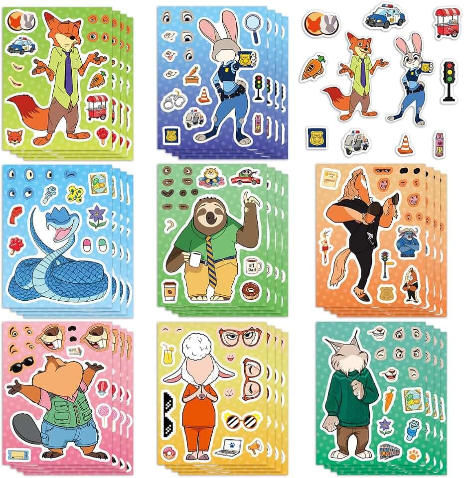 24 Sheets Cool Zootopia 2 Sticker Cute Cartoon Charaters Make Your Own Sticker, Make a Face Stickers Party Favors Activities Gifts (p)