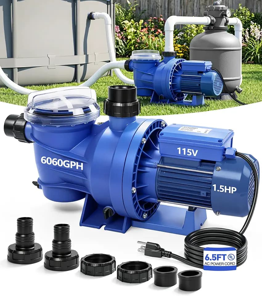LuxBlue 1.5HP In/Above Ground Pool Pump | Powerful Self-Priming Pool Pumps | Max 6060GPH, 52FT Head Lift for Energy Efficient Water Circulation & Filtration, Includes 1.25"/1.5"/2" Hose Connectors