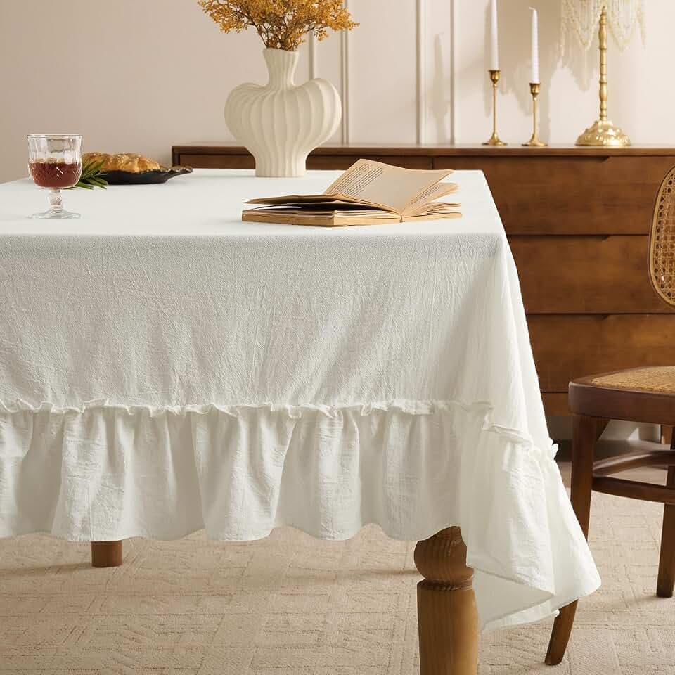 Romanstile Ruffled Rectangle Tablecloth, White, 60 x 102 Inch