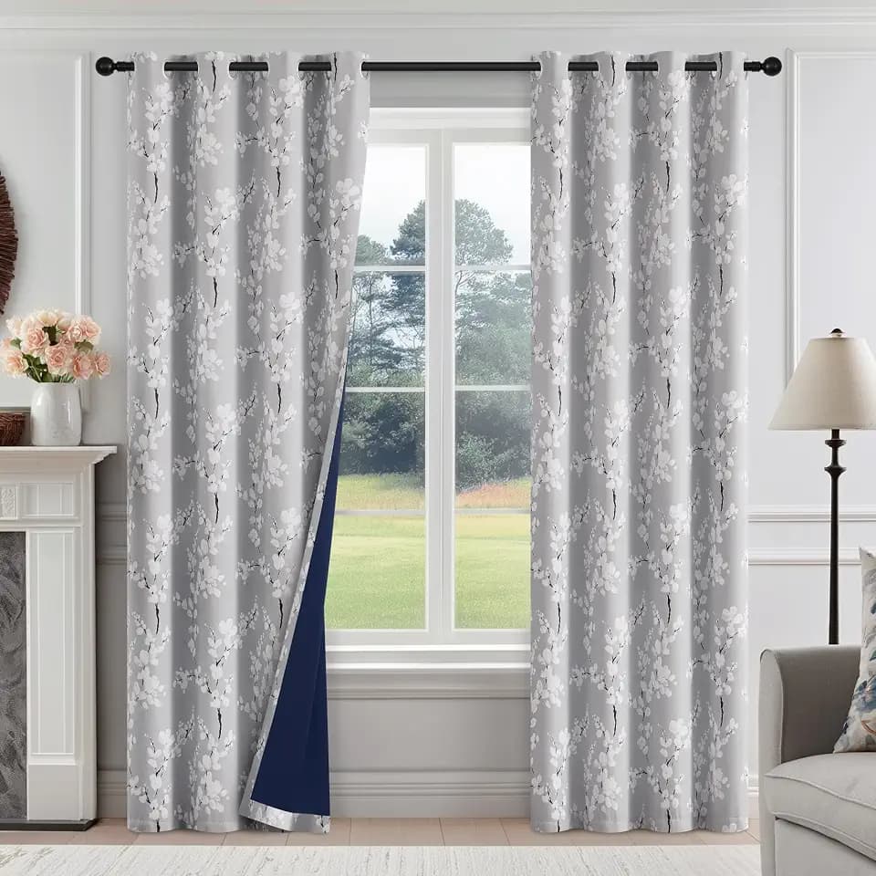 FMFUNCTEX Grey Blackout Floral Curtains for Bedroom, 84 Inches, 2 Panels