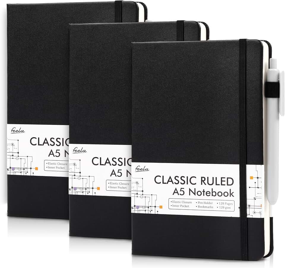 feela Notizbuch A5 liniert, 3 schwarze Hardcover Notizbücher mit 3 Stiften