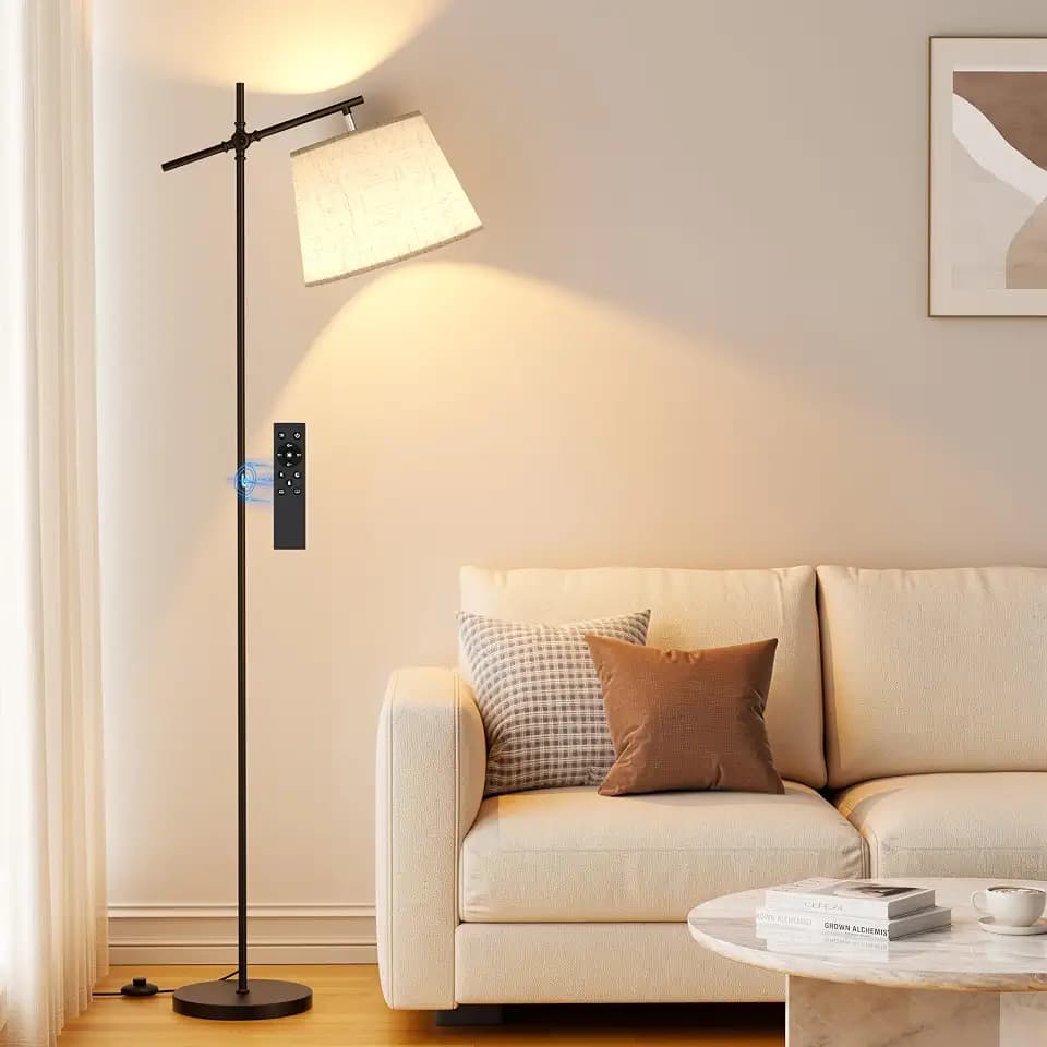 SIBRILLE Floor Lamp with Linen Shade, Dimmable Tall Standing Lamp with Remote Control & 3 Color Temperatures Bulb, Modern Swing Arm Floor Lamps for Living Room Bedroom Office Corner
