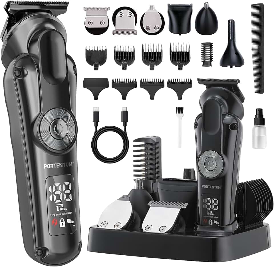 PORTENTUM Haarschneidemaschine profi – Set mit 21 – LED – Barttrimmer herren – trimmer für Gesicht und Körper – Bartschneider – 6 Aufsätze – 7 Kammaufsätze – USB-C – Kompakte Aufbewahrungsstation