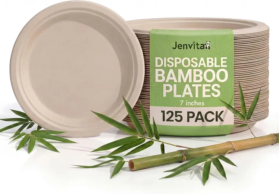 Jenvita Bamboo Small Plates, 125 Pack, 7 Inch Compostable
