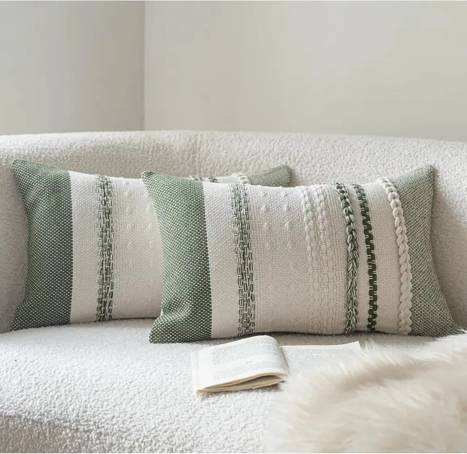 Cethom Boho Throw Pillow Covers 12x20 Inch Set of 2, Green Textured Decorative Couch Pillow Cases for Farmhouse Home Decor, Accent Cushion Cover for Sofa, Bed, Living Room, Bedroom