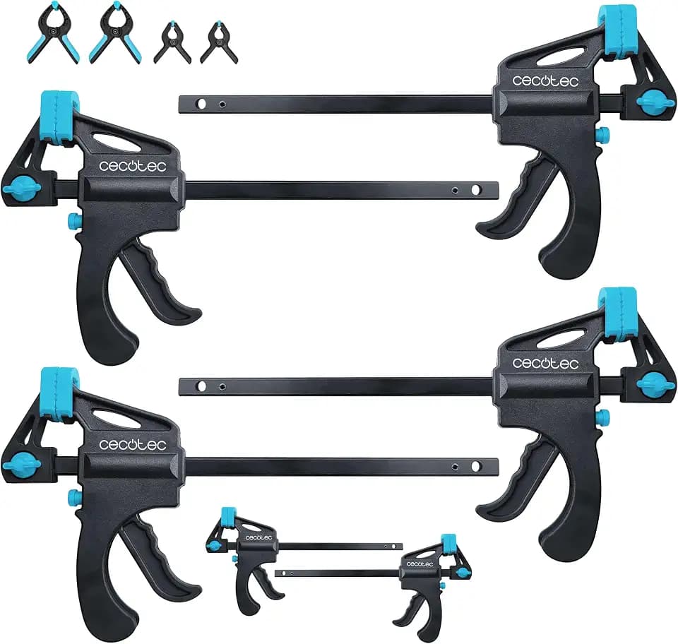 Cecotec Schnellspannzwingen-Set StrongComfort 360 Instant, 10-tlg, 4 Einhandzwingen 300x60 mm + 2 Zwingen 150x35 mm, 4 Federklemmen 1"/3", bis 70 kg, Druck/Spreizen, Schonpads