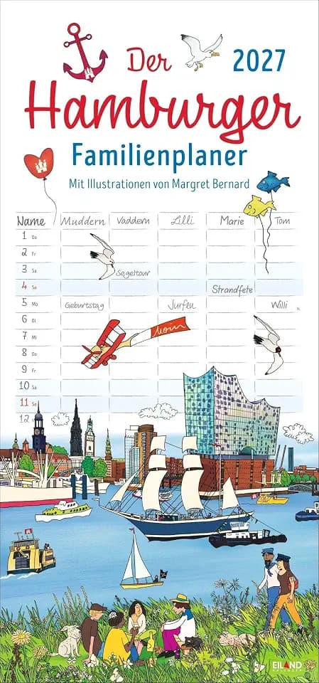 Der Hamburger Familienplaner 2027 - Margret Bernard: Familienkalender mit 5 Spalten. Witziger Familien-Wandkalender mit Schulferien. Hamburg Kalender 2027.