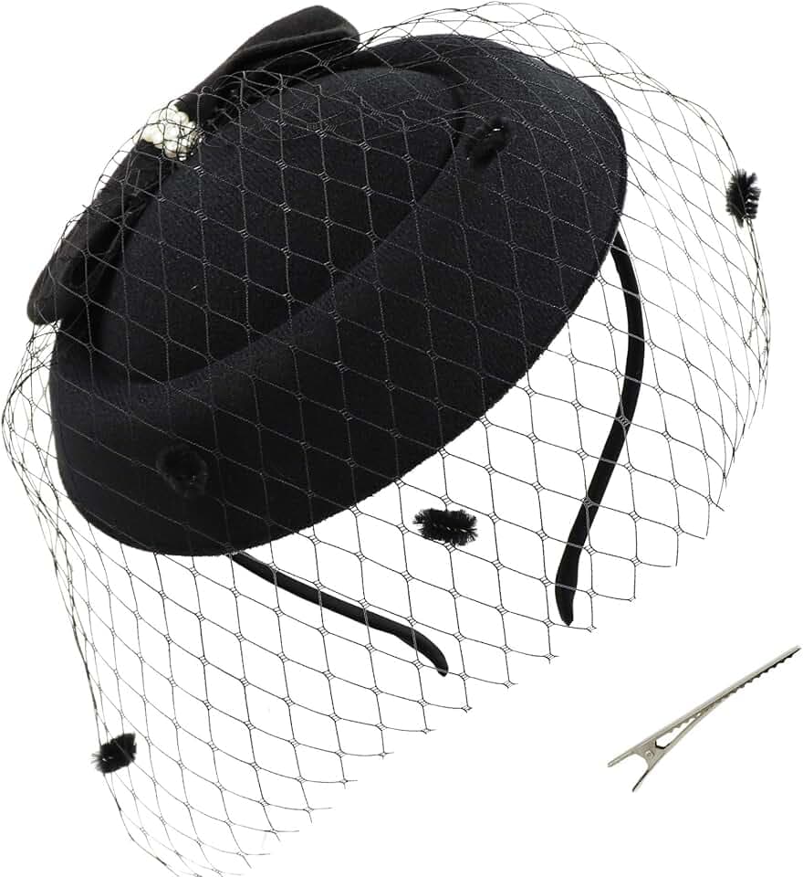 Umeepar Damen Bowknot Pillbox Fascinator Hut Hochzeit Tea Party Hüte mit Schleier Stirnband Clip