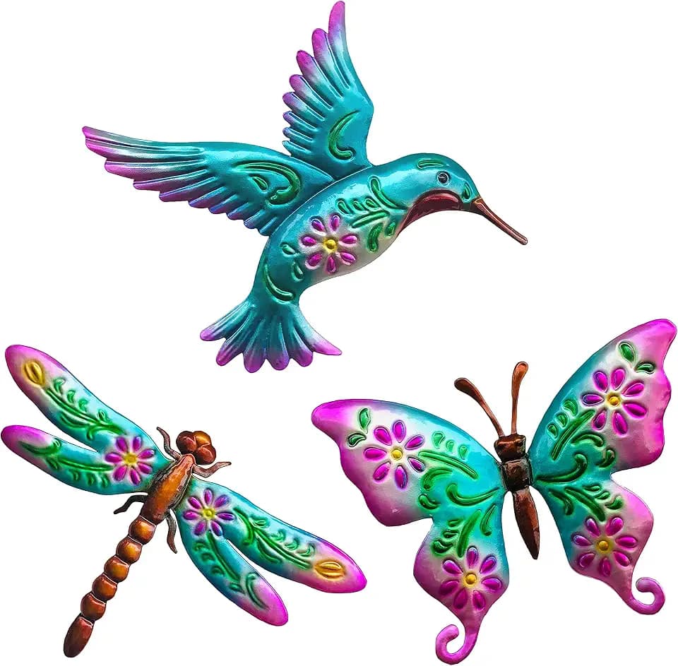 WAIU Set of 3 Metal Wall Art, Hummingbird Butterfly Dragonfly Hanging Sculpture Decor Indoor Outdoor for Home Garden Porch Patio