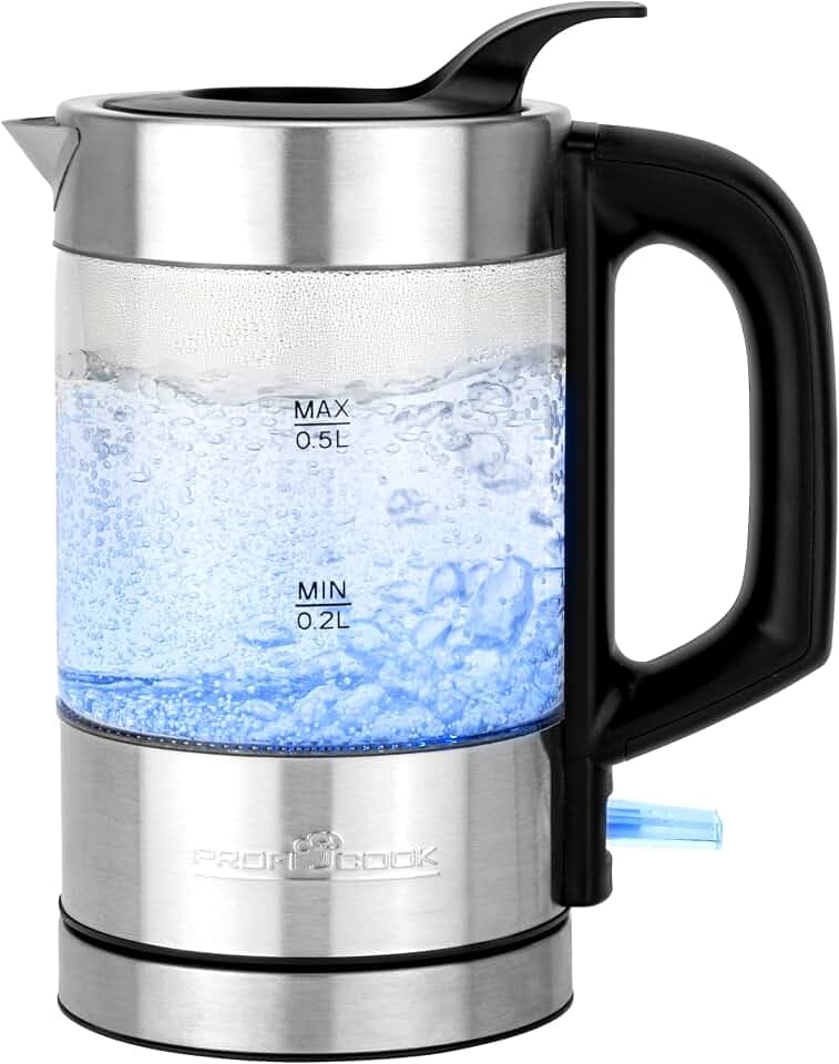 ProfiCook Wasserkocher Edelstahl beleuchtet, 0,5 Liter Mini Wasserkocher mit blauer Beleuchtung, Teekocher Reisewasserkocher klein/Wasserkocher klein ideal für Reise Babynahrung, PC-WKS 1228 G