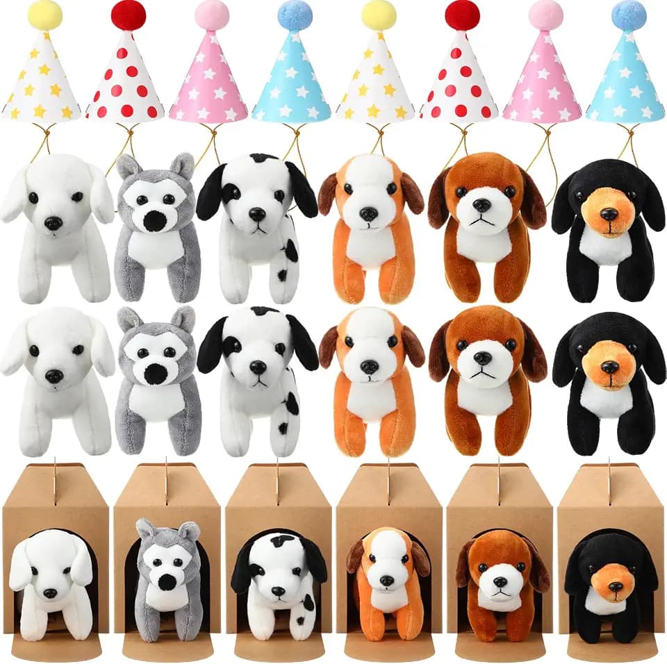 Simgoing 12 Set Mini Plush Dog Stuffed Animals Adopt a Dog Set with 12 Stuffed Dogs 12 Kraft Paper Boxes 12 Birthday Hats for Animal Theme Birthday Party Favors