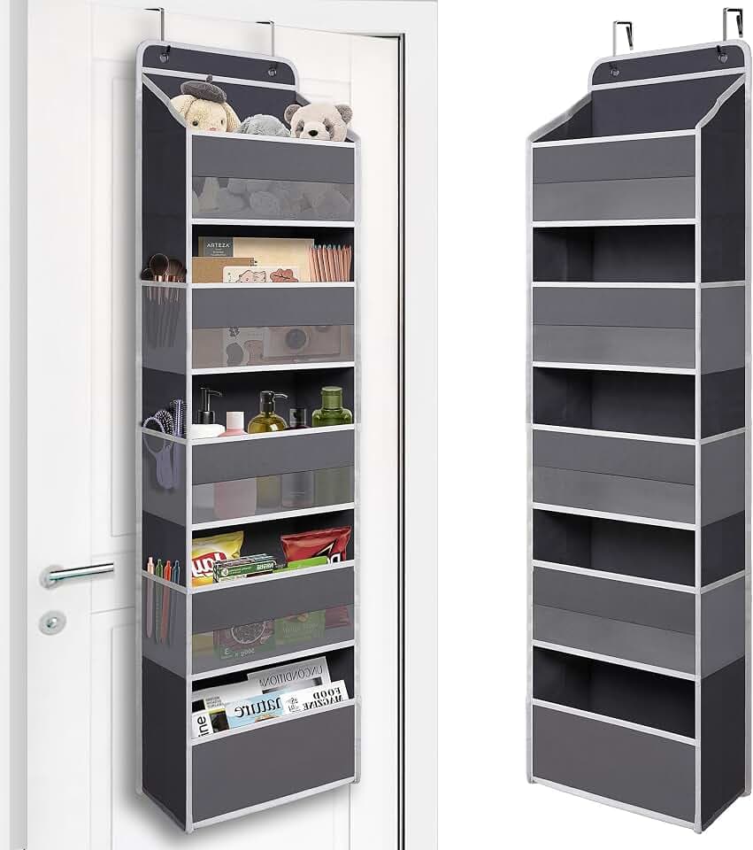 TYMENSH Gray Over Door Organizer with 5 Large Pockets and 6 Side Mesh Pockets, Anti-Tilt Hanging Door Storage for Closet, Bathroom, Nursery, Bedroom, Dorm