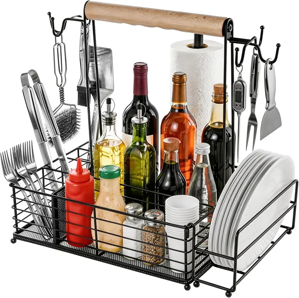 Grill Caddy with Paper Towel Holder, BBQ Caddy for Outdoor Grill, Camping Essentials Picnic Condiment Utensil Organizer, RV Camper Must-Have, Grilling Gifts for Men