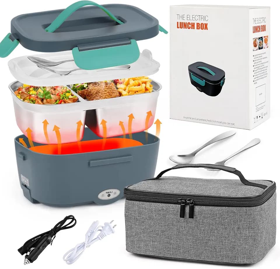 GuKKK Elektrische Lunchbox 220V/12V/24V, 1.5L Tragbarer Speisenwärmer Heizung Lunch Box für LKW/Auto/Büro/Zuhause, Container aus Edelstahl 304, Bento Box mit Besteck und Transporttasche