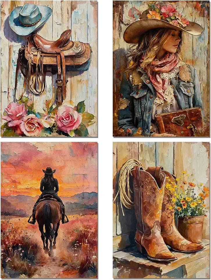 sdfkmlcdl Vintage Western Diamond Art Kits for Adults, Rustic Country Cowgirl Boots Horse Full Drill Diamond Painting Kits for Adults Beginners 4 Pack, Cowgirl Room Decor, 12x16 Inch