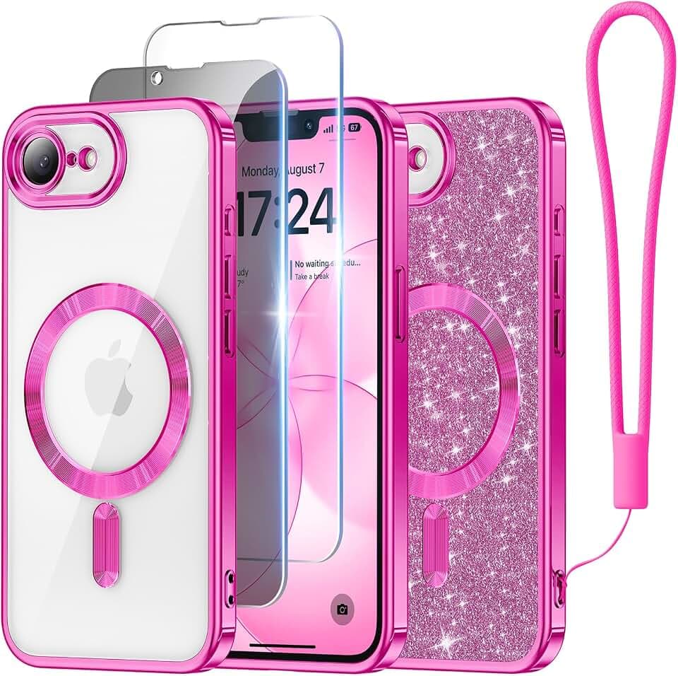 Meifigno for iPhone 17e/16e Case +HD & Privacy Tempered Glass, Hot Pink