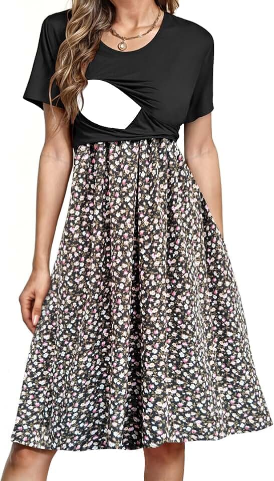 PARNIXS Damen Stillkleid Sommer Kurzarm Patchwork Schwangerschaft Kleidung mit Taschen, Muster 05, Groß