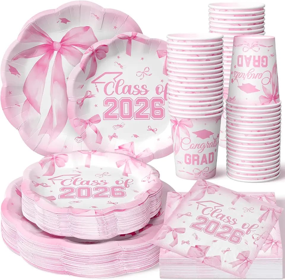 Newtay 250 Pcs Pink Bow Graduation Disposable Paper Plate Napkins
