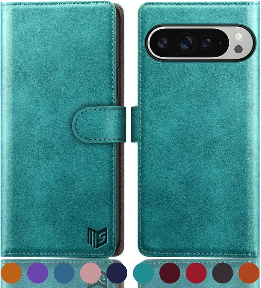 SUANPOT for Google Pixel 9 Pro XL 6.8" 5G Wallet case with RFID Blocking Credit Card Holder,Flip Book PU Leather Protective Cover Women Men for Pixel 9 Pro XL Phone case Blue Green