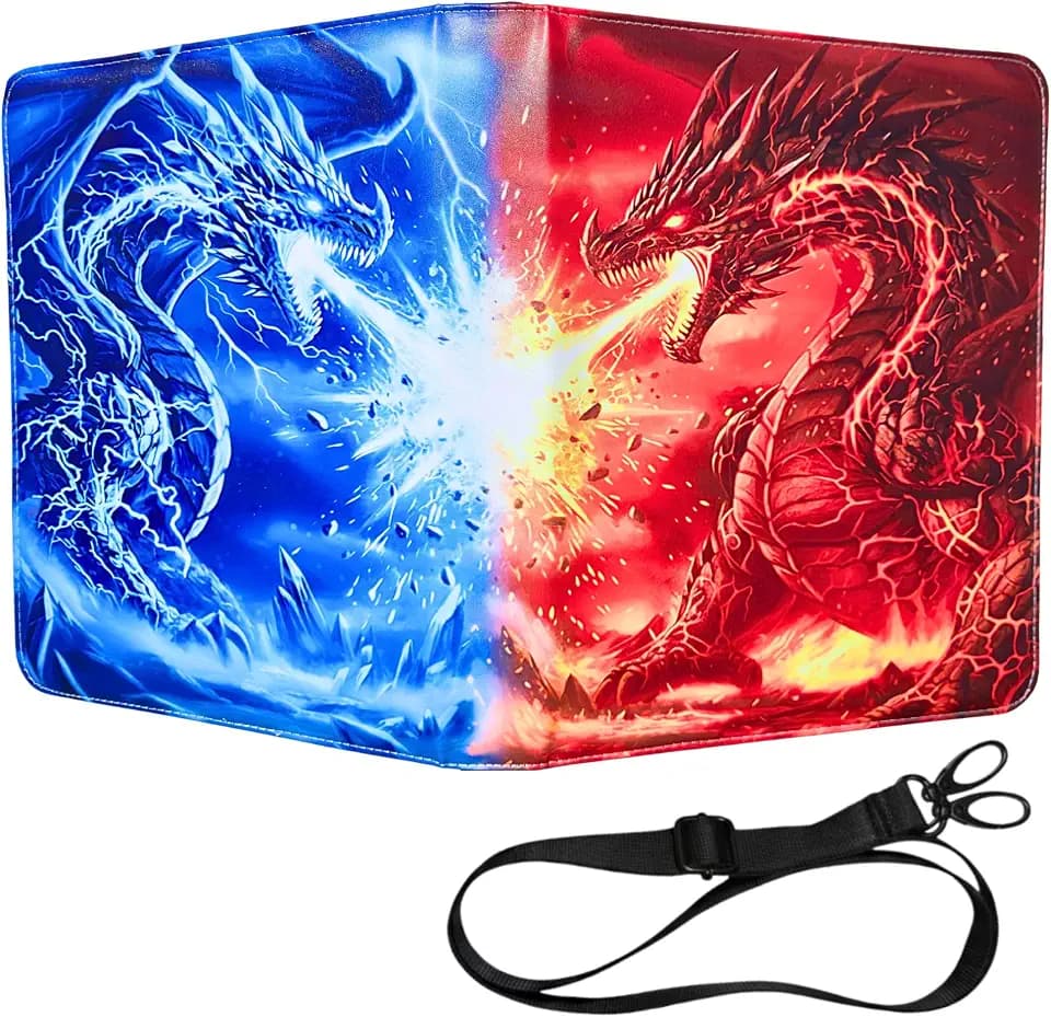 Ice & Fire Dragon Trading Card Binder 9 Pocket with 50 Removable Double Sided Sleeves, 900 Capacity Zippered Card Binder with Shoulder Strap for MTG, TCG, Sports and Collectible Cards