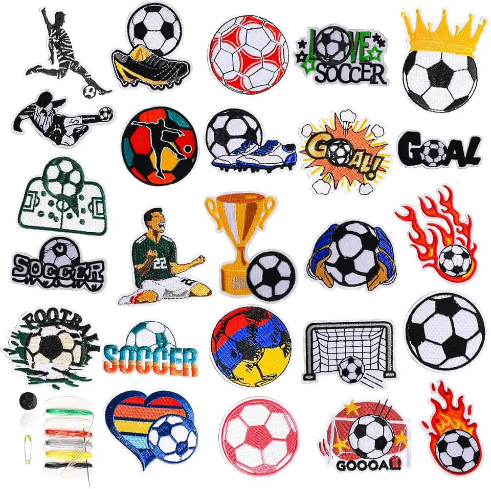25 Stück Patches Zum Aufbügeln, Flicken zum Aufbügeln, DIY Kleidung Patches Set Aufnähen Bügelbilder Fußballthema Bügelflicken Kinder Aufkleber für T-Shirt Jeans Taschen Mützen Kleidung Taschen