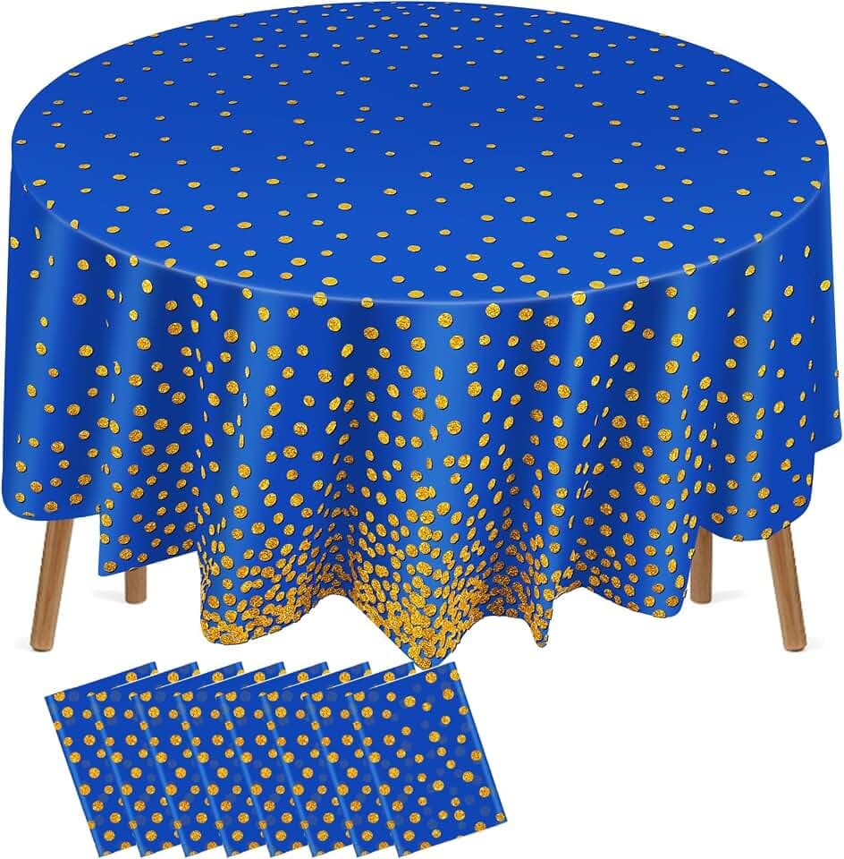 Newwiee 8 Pcs Round Dot Tablecloth 84 Inch Plastic Polka Dot Table Cover Disposable Confetti Tablecloths for Grad Wedding Bridal Shower Birthday Spring Graduate Party Decor (Blue,Gold)