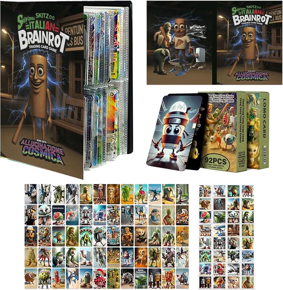 Italian Brainrot Sammelkartenset, Bringen Sie ein Tung Tung Tung Sahur Kartenbuch mit 60 Einzigartige Karten & 32 Sticker, Kinder, Jugendliche, Feste und Partys