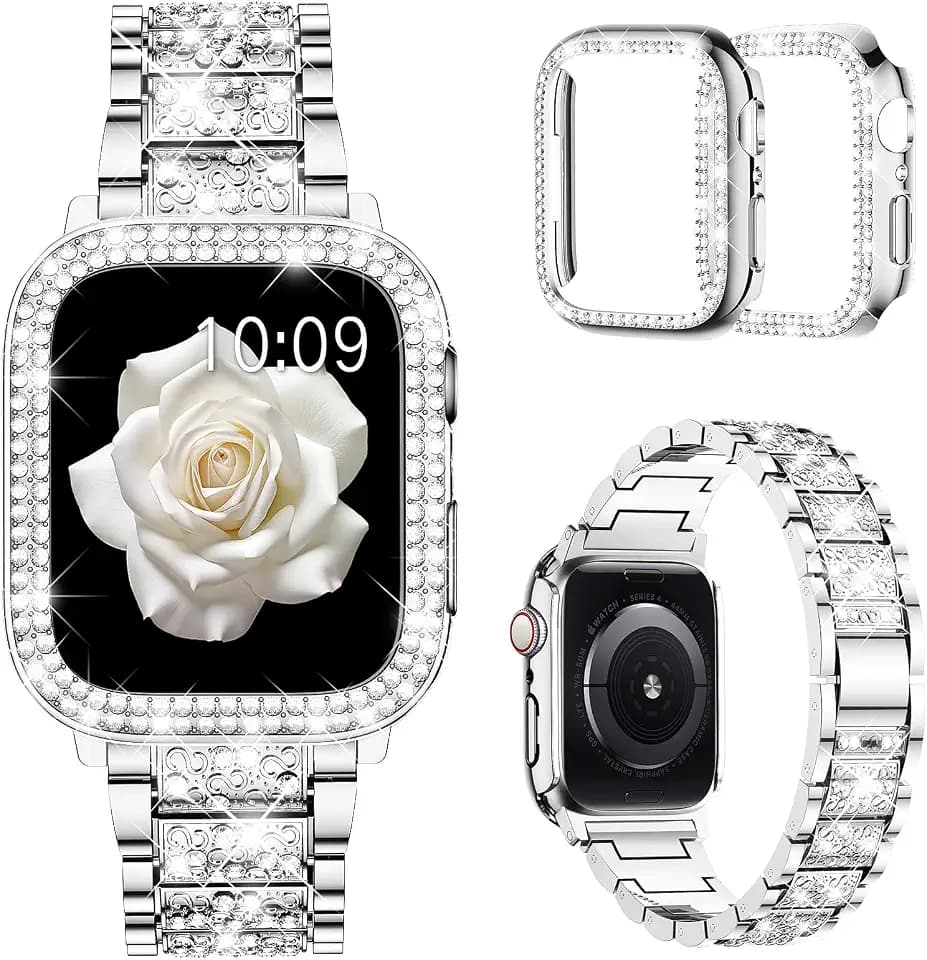 Mosonio Bling Bands for Apple Watch Women and 2P Case,Metal Band for iwatch