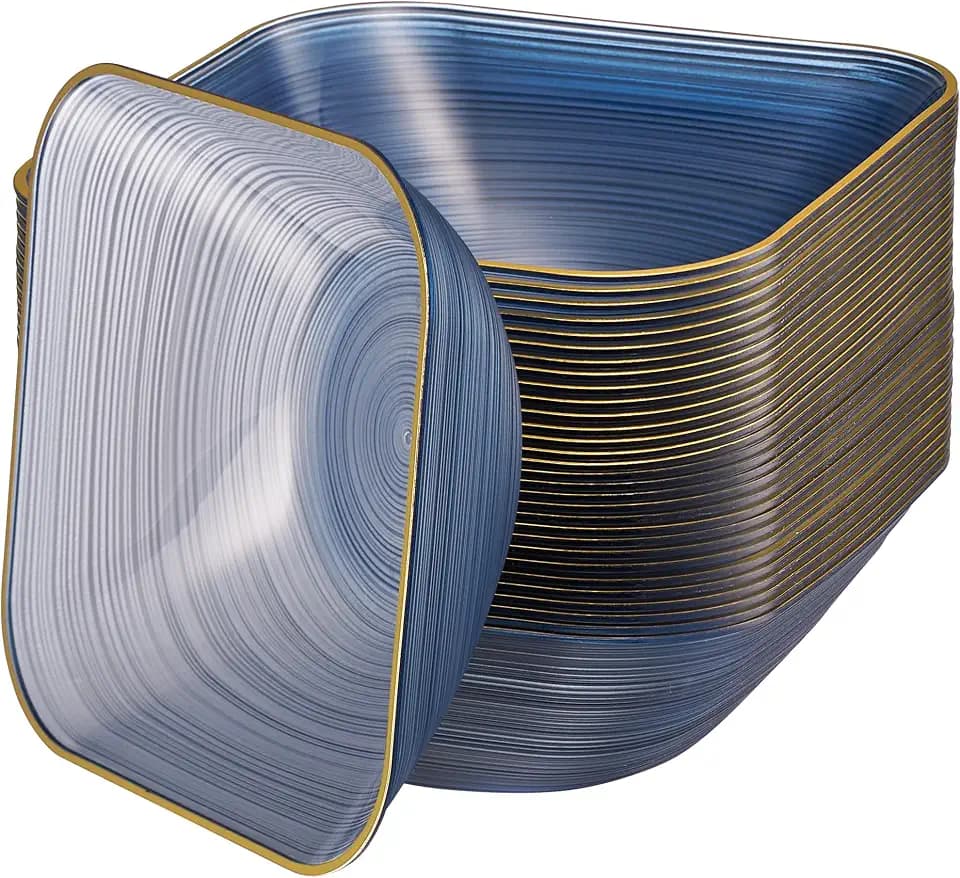 [30 Pack 17 OZ Bowls] Ribbed Collection Blue with Gold Rim Plastic Party Soup Bowls Premium heavyweight Elegant Ceral Bowls Disposable Tableware Dishes