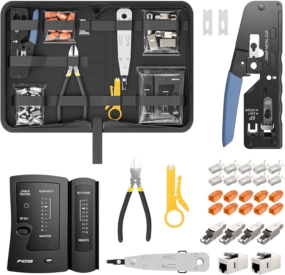 FGB Netzwerk Werkzeug Set, Pass Through RJ45 Crimpzange, RJ45/RJ11/RJ12