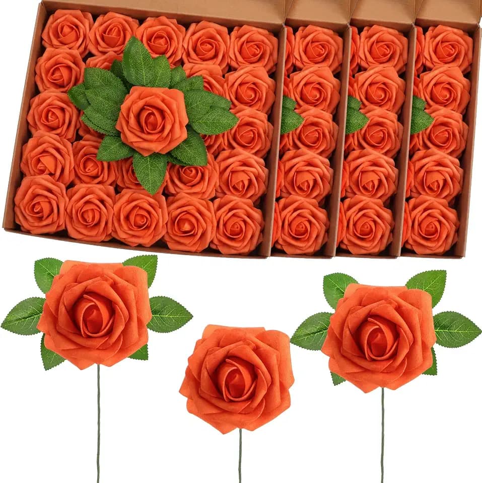 100 Pcs Artificial Rose Flowers, Burnt Orange