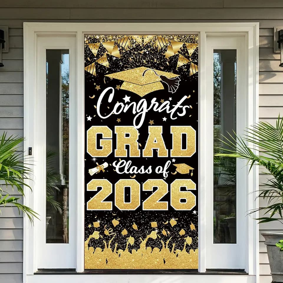 2026 Graduation Party Decorations - Black Gold Congrats Grad Class of 2026 Banner Graduation Party Supplies Front Door Porch Sign Banner Backdrop Wall Decor Indoor/Outdoor