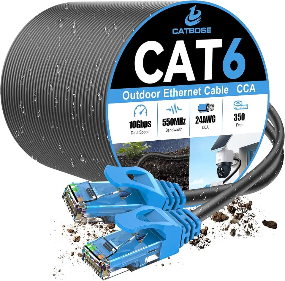 350FT Outdoor Cat6 Ethernet Cable, Heavy Duty Direct Burial, In-Ground, POE, Waterproof, LLDPE UV Resistant, UTP, 24AWG CCA Solid Cord, Network, Internet, LAN, Cat 6 Patch Cable - 350 Feet