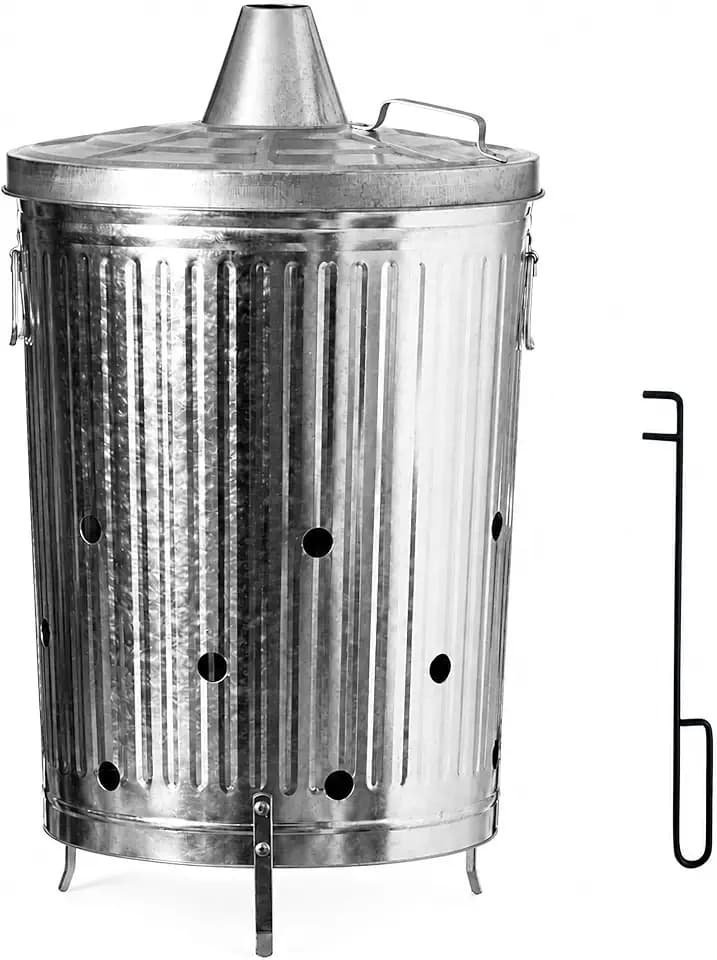 20-Gallon Galvanized Steel Incinerator Can with Lid, Ventilation Holes, and Lid Lifter –Outdoor Burner Bin for Yard Waste, Silver