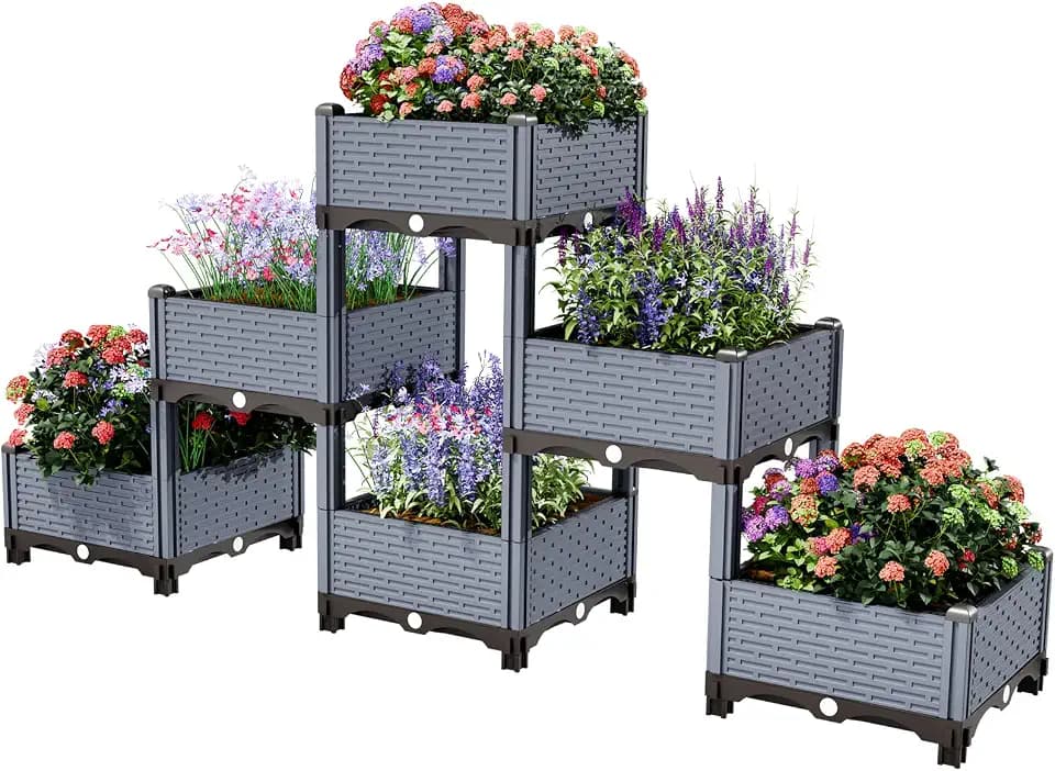 Pyramid Modular Stackable Raised Garden Bed Planter, Brown, Polypropylene, 6-Box Set, Indoor Outdoor, 15.75 in. W x 73.2 in. L x 32.7 in. H