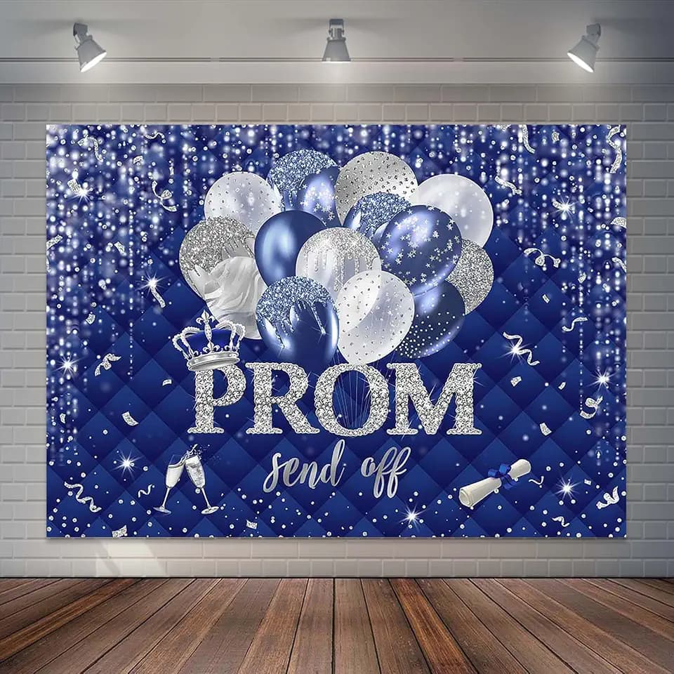 2026 Prom Send Off Backdrop Blue and Silver Crown Graduation Party Decorations Class of 2026 Grad Prom Night Photography Background Cake Table Banner (7x5ft)