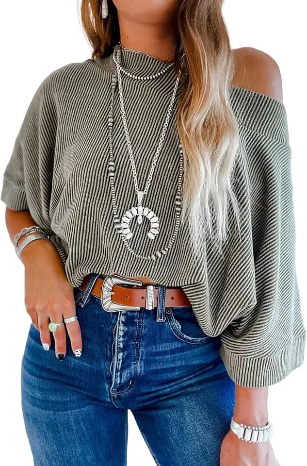 EVALESS Womens Off Shoulder Tops 3/4 Sleeve Batwing Shirts