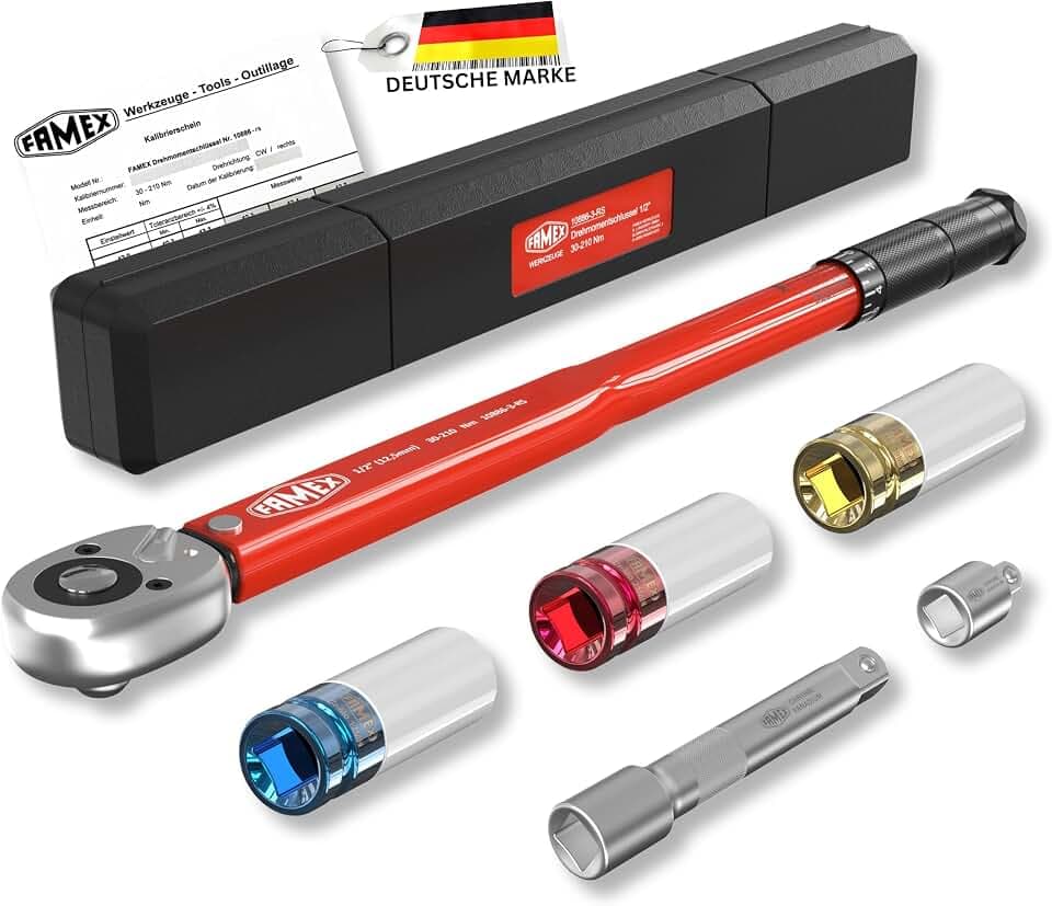 FAMEX 10886-3-RS Drehmomentschlüssel 1/2" (12,5mm) - 30-210 Nm - Schoneinsätze aus Chrom-Molybdän-Stahl - schlagfest - inkl. Verlängerung Adapter - für Auto, Motorrad, Van