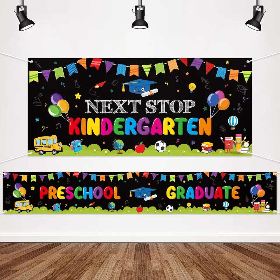 WATINC Preschool Graduation Backdrop Banner - 2pcs Next Stop Kindergarten Extra Large Congrats Grad Background Decor, Pre-K School Celebration Graduate Party Photography Supplies Wall Decoration