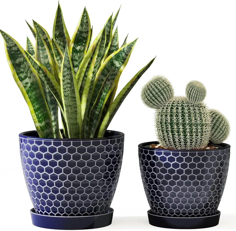 Docrin Blue Honeycomb Ceramic Plant Pot Set - 6.6"+5.5" Inch, Modern Decorative Planters with Drainage Holes & Saucers for Indoor/Outdoor Home Office