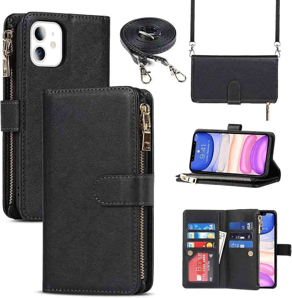 Crossbody Wallet for iPhone 11 Case with Strap,6.1",Black
