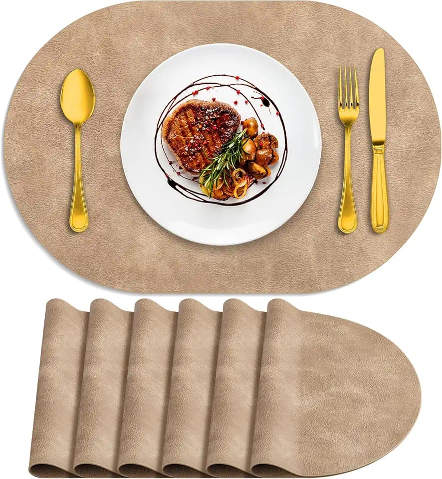 ADRIMER Oval Placemats Set of 6, Wipeable Faux Leather, Apricot