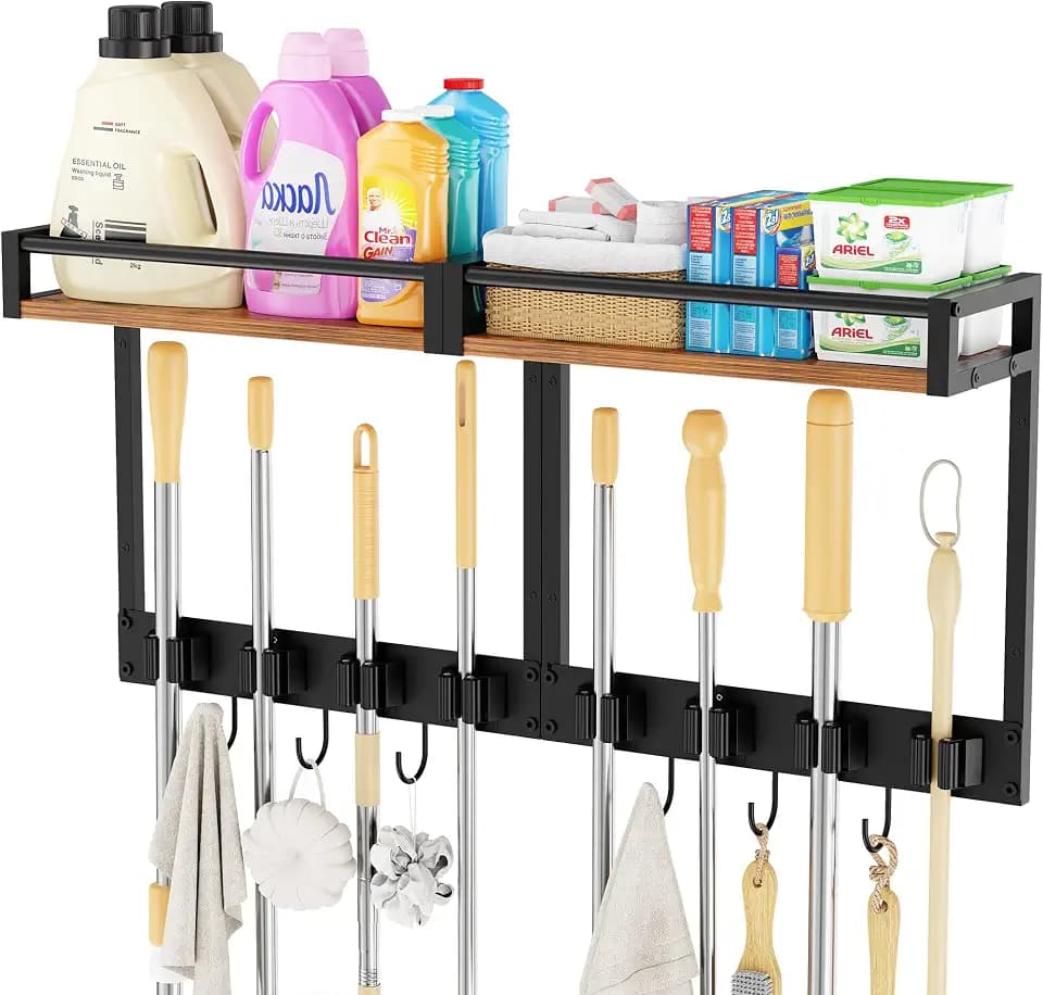 Broom Holder Wall Mount with Shelf, 15.7" Wx6.7 Dx15.7 H, 2 Packs