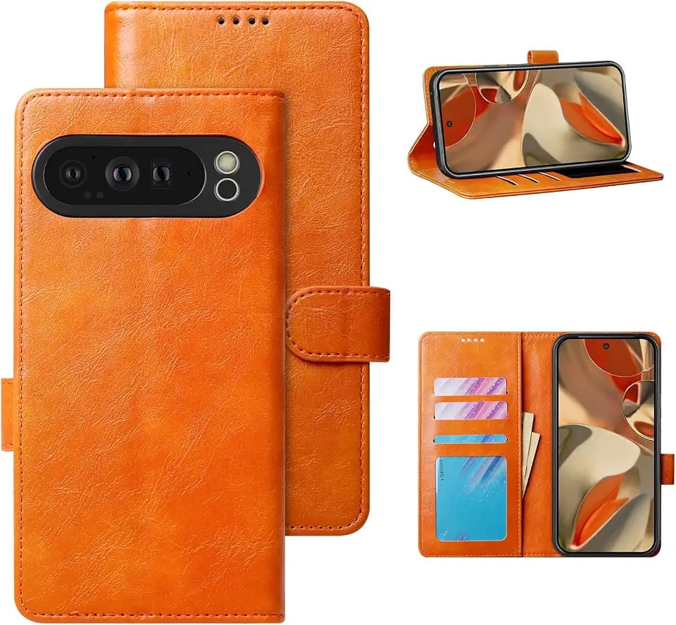 Case for Google Pixel 9 Pro XL Flip Wallet Case, PU Leather [3 Card Holder] Kickstand [Shockproof TPU Inner Shell] Magnetic Clasp, Durable Protective Folio Cover for Pixel 9 Pro XL, Orange