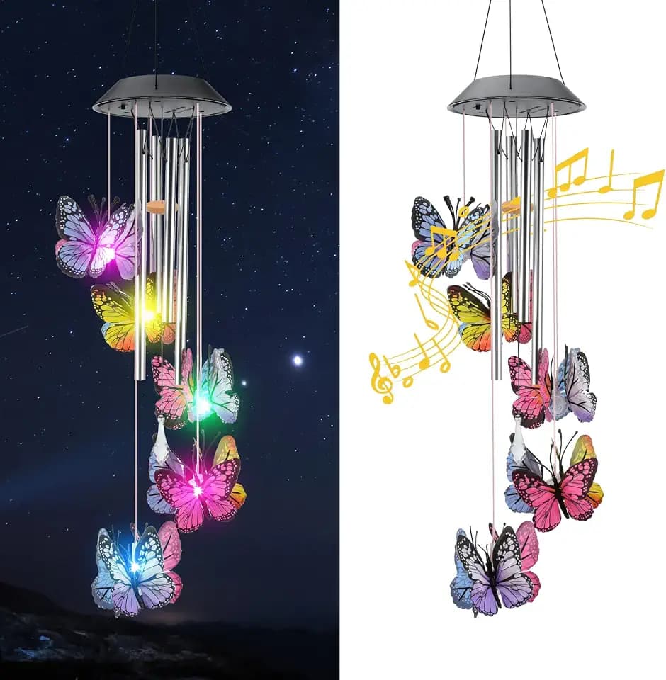 Solar Butterfly Wind Chimes, Color-Changing, Outdoor, Solar-Powered, 9.5 x 5.25 x 2 inches
